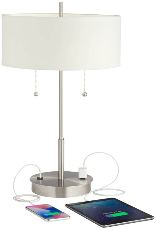 360 Lighting Nikola Modern Accent Table Lamps 23.75" High Set of 2 with Hotel Style USB and AC Power Outlet Slim Silver White Drum Shade for Living Room Desk Bedroom House Bedside Nightstand - Image 7