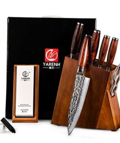 YARENH Kitchen Knife Set, 8 Piece Professional Damascus Chef Knives, Sharp High Carbon Stainless Steel Blade, 73 Layers, Full Tang, Dalbergia Wood Handle, Walnut Wooden Block and Sharpener Stone