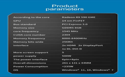 XUANMO AMD Radeon RX590 2304sp 8GB gpu 256-Bit GDDR5 HDCP Ready CrossFireX Computer Graphics Video Card PCIe 3.0 ×16 1340MHz Base Clock Video Gaming AMD Graphics Card - Image 4