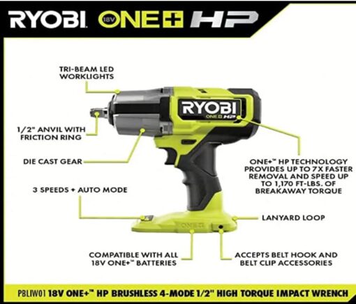RYOBI - ONE+ HP 18V Brushless Cordless 4-Mode 1/2 in. High Torque Impact Wrench (Tool Only) - PBLIW01B - Image 4