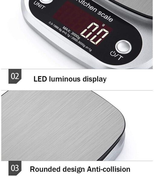 ZOCWJK Electronic Scales Digital Kitchen Weighing Scales Premium Stainless Steel Cooking Scales Stylish Ultra Slim Design Scales(One Color-3kg/0.1g - Image 2