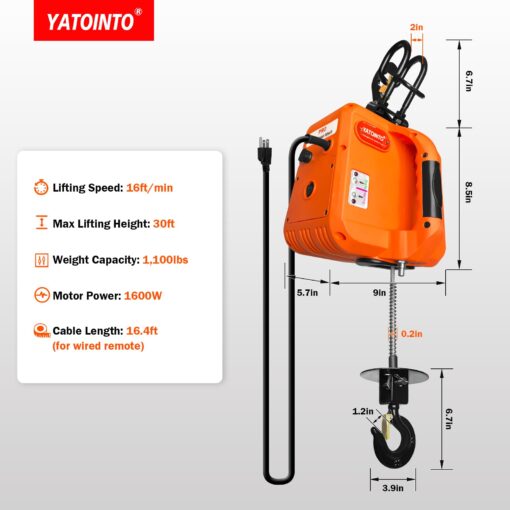 YATOINTO PRO Electric Hoist Winch 1,100lbs, 1600W 110V/120V Electric Winch with Dual Wireless Remote Control, 30ft Lifting, 16ft/Min Lifting Speed, Overload Protection, for Garagesand Attics - Image 2