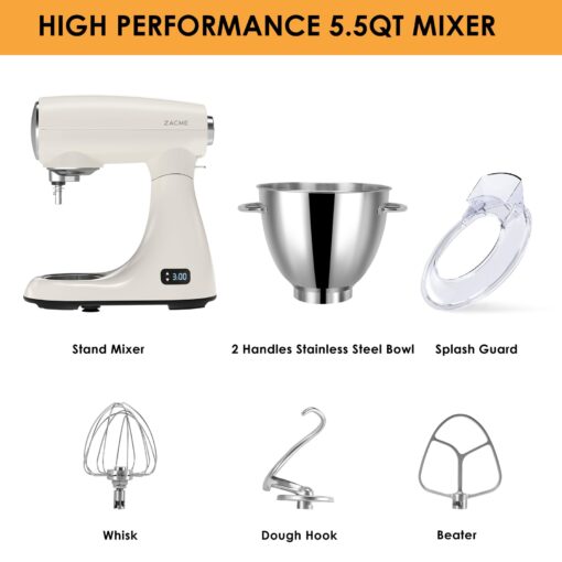 ZACME Mixers Kitchen Electric Stand Mixer 5.5QT 600W, Aluminum die casting and Gears, Dual Cooling System, Low Noise, DC Motor, LED Display and Timing Function, Tilt-head Metal Food Mixer, White - Image 2