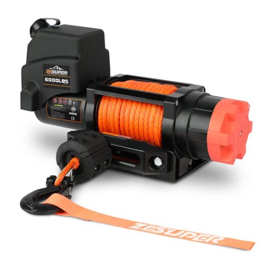 ZESUPER 6000lb Waterproof IP67 Electric Winch for UTV ATV Trailer, 12 Volt Winch with Synthetic Rope，Hawse Fairlead, Wireless Handheld Remote and Corded Control