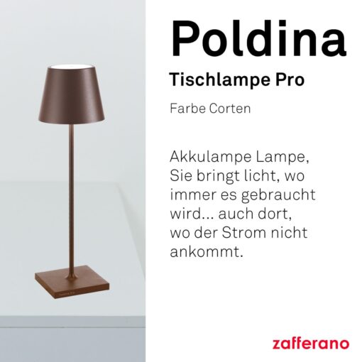 Zafferano, Poldina Pro Rechargeable and Wireless Table Lamp with Touch Control, Can Also Be Used as Outdoor Light, Dimmer 2200-3000K, Height 38cm, Corten Colour - Image 7