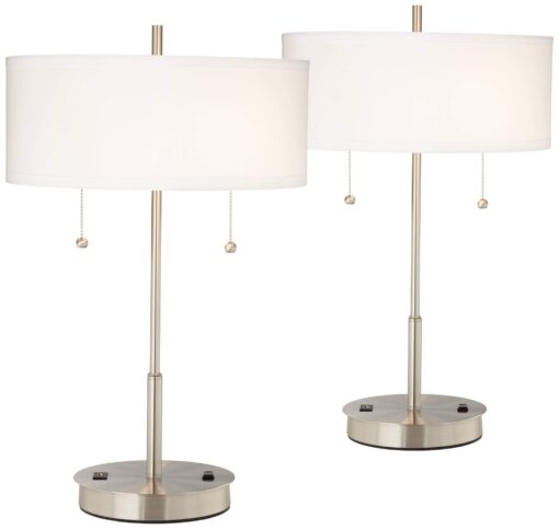 360 Lighting Nikola Modern Accent Table Lamps 23.75" High Set of 2 with Hotel Style USB and AC Power Outlet Slim Silver White Drum Shade for Living Room Desk Bedroom House Bedside Nightstand