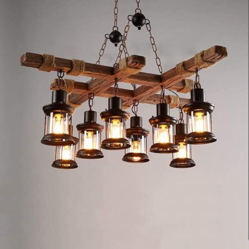 8 Lights Industrial Wooden Hanging Lighting Black Metal Chandelier Farmhouse Vintage Pendant Lamp Glass Lampshade for Pool Table Kitchen Island Bar Retro Ceiling Light Height Adjustable Fixture - Image 2