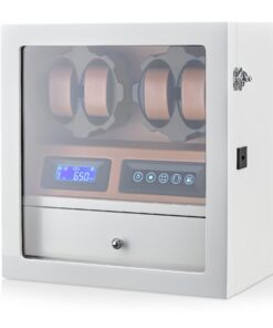 4 Watch Winder with 5 Watch Storage Space, LCD Display, Touch Control and Interior Light (White + Brown)