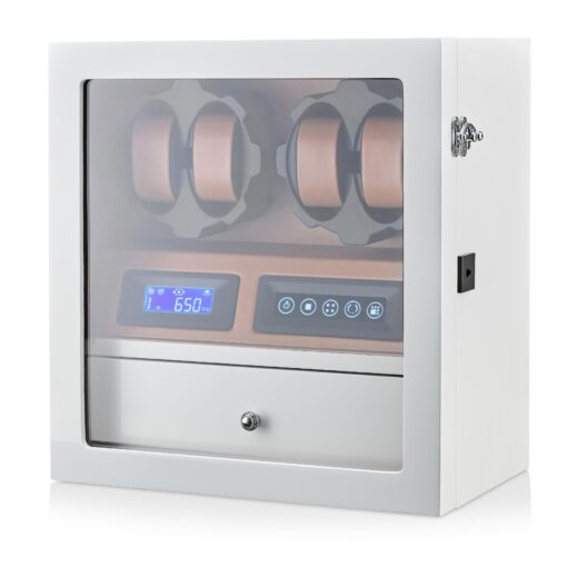 4 Watch Winder with 5 Watch Storage Space, LCD Display, Touch Control and Interior Light (White + Brown)