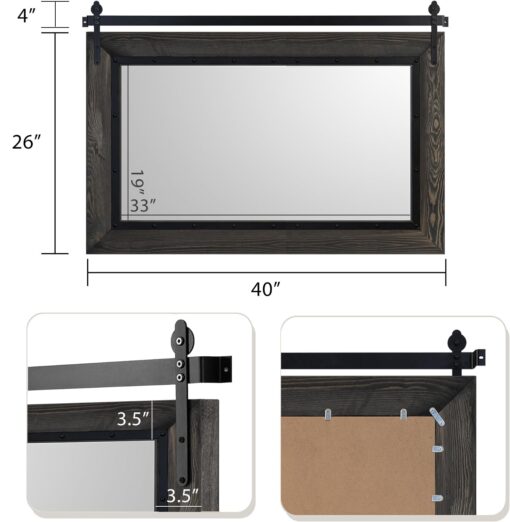 YOSHOOT Farmhouse Barn Door Mirror, 40"x26" Rustic Bathroom Mirror, Wood Frame Wall Mirror, Wooden Mirror for Living Room Bedroom Entryway Wall Décor, Horizontal Hanging ONLY - Image 6