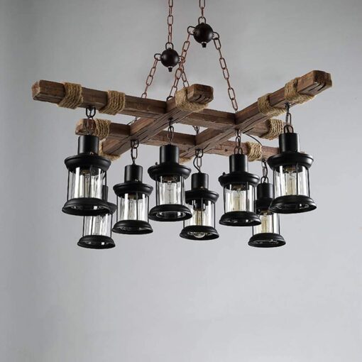 8 Lights Industrial Wooden Hanging Lighting Black Metal Chandelier Farmhouse Vintage Pendant Lamp Glass Lampshade for Pool Table Kitchen Island Bar Retro Ceiling Light Height Adjustable Fixture - Image 5