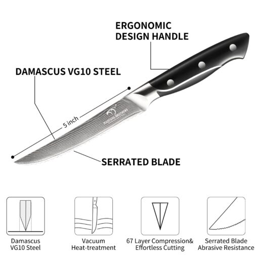 18 Pieces Damascus Kitchen Knife Set, 8 Piece Steak Knives, Non-slip ABS Ergonomic Triple Rivet Handle for Meat Fork, Knife Sharpener and Shears, 17 Slots Fraxinus Manchuria Knife Block (Grey) - Image 7