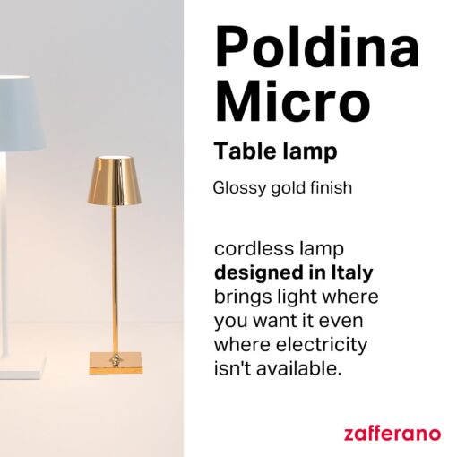 Zafferano, Poldina Micro Lamp with Glossy Gold Finish, Rechargeable Cordless Table Lamp with Touch Controls, Usable as an Indoor Lamp, Dimmer, 2200-3000 K, Height 10.8 Inches - Image 8