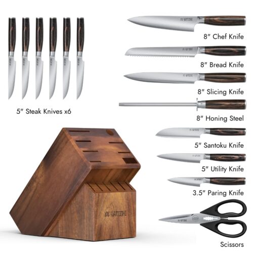 Yatoshi 15 Piece Knife Block Set - Pro Kitchen Knife Set Ultra Sharp High Carbon Stainless Steel with Ergonomic Handle - Image 9