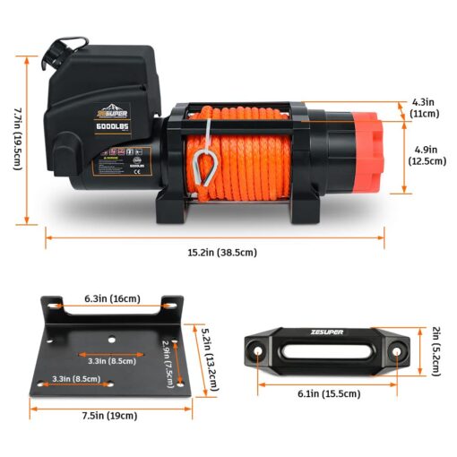 ZESUPER 6000lb Waterproof IP67 Electric Winch for UTV ATV Trailer, 12 Volt Winch with Synthetic Rope，Hawse Fairlead, Wireless Handheld Remote and Corded Control - Image 2