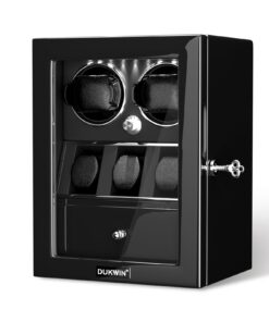 DUKWIN Watch Winder for 2 Automatic Watches,Lockable Watch Winders with Watch and Jewelry Storages, Super Quiet Mabuchi Motor with High-Gloss Piano Lacquer Finish,Built-in Illumination Black