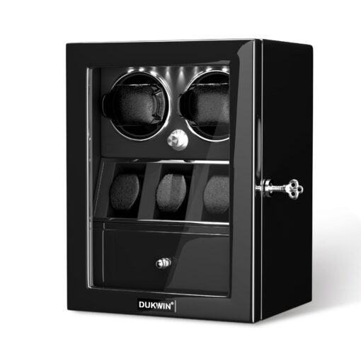 DUKWIN Watch Winder for 2 Automatic Watches,Lockable Watch Winders with Watch and Jewelry Storages, Super Quiet Mabuchi Motor with High-Gloss Piano Lacquer Finish,Built-in Illumination Black