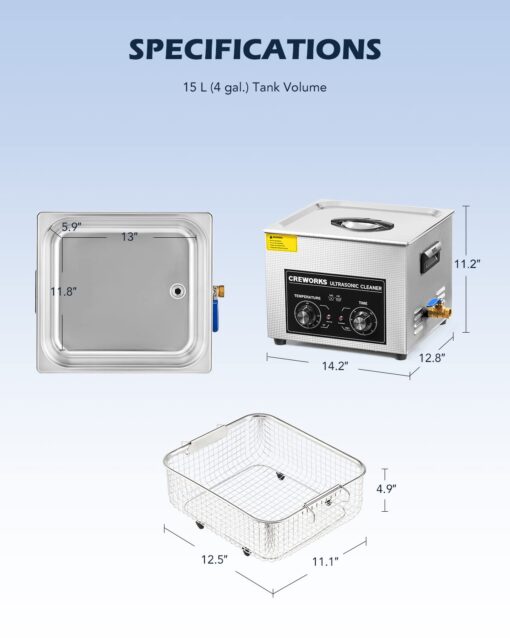 CREWORKS 15L Ultrasonic Cleaner with Knob, Total 760W Professional Industrial Auto Cleaning Machine for Carburetor Repairing Tools Parts Instrument, 40kHz Digital Sonic Cavitation Cleaner with Heater - Image 3