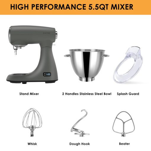 ZACME Mixers Kitchen Electric Stand Mixer 5.5QT 600W, Aluminum die casting and Gears, Dual Cooling System, Low Noise, DC Motor, LED Display and Timing Function, Tilt-head Metal Food Mixer, Grey - Image 2