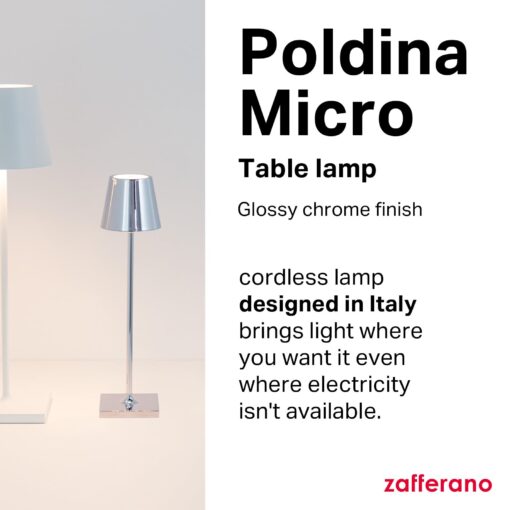 Zafferano, Poldina Micro Lamp with Glossy Chrome Finish, Rechargeable Cordless Table Lamp with Touch Controls, Usable as an Indoor Lamp, Dimmer, 2200-3000 K, Height 10.8 Inches - Image 8