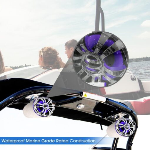 Pyle Marine Speakers - 5.25 Inch Waterproof IP44 Rated Wakeboard Tower and Weather Resistant Outdoor Audio Stereo Sound System with Built-in LED Lights - 1 Pair in Silver (PLMRWB50L) - Image 3