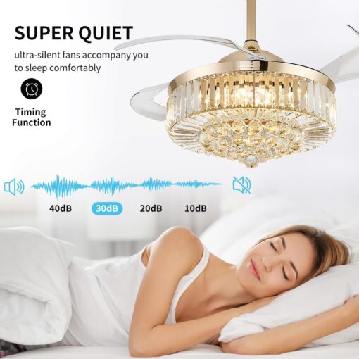 42'' Fandelier Ceiling Fans with Light, Chandelier Ceiling Fan, Retractable Crystal Ceiling Fan for Bedroom, Living Room, 3 Color Change, LED Dimmable, 6 Speeds, Reversible DC Motor-Gold - Image 8