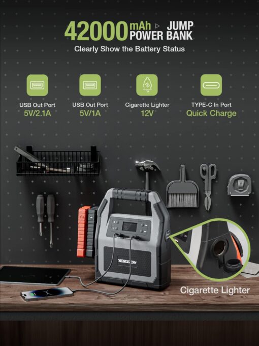 YESPER 12V/24V Car Jump Starter, 6000A Peak 4.1 lbs Portable Jump Starter Battery Pack 42000mAh Battery Booster Pack (Up to All Gas/Diesel Engine) Jumper Box with LED Screen and Wall Charger - Image 7