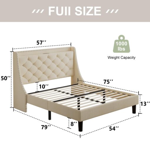 Feonase Full Size Bed Frame with Luxury Wingback and Fast Charging Station,Full Upholstered Button Tufted Storage Headboard Platform Bed, Sturdy Wooden Slats Support, Noise-Free, Easy Assembly, Beige - Image 7