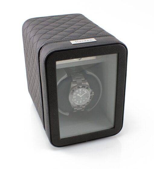 Heiden Monaco Single Watch Winder - Black Leather - Battery Powered or AC Adapter, 12 Program Settings, Diamond Stitched Vegan Leather, Soft Linen Interior, Large Interior Space for Large Watches - Image 9