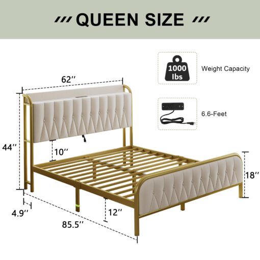 Feonase Velvet Queen Bed Frame with Fast Charging Station,Metal Platform Queen Size Beds with Upholstered Headboard & Footboard,12" Underbed Storage Space,Easy Assembly,Gold&Beige - Image 7
