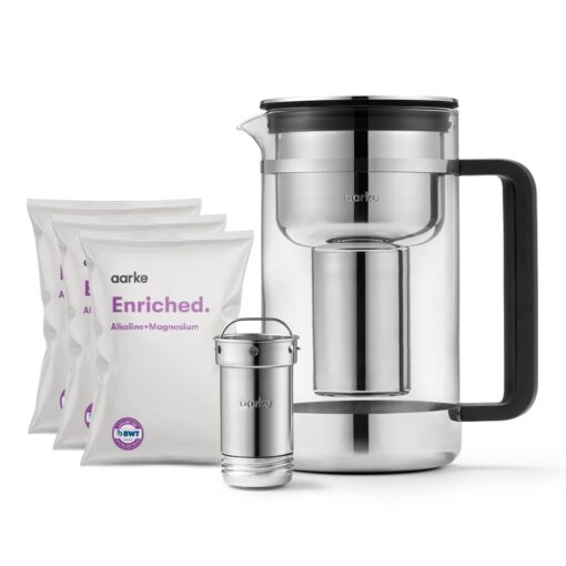 aarke Purifier Large - 1.66 L Glass Water Filter Pitcher Bundle, Refillable Stainless Steel Filter, BPA-Free, Includes (3-Pack) Refill Enriched Granules, Reduce Heavy Metals and Adds Minerals
