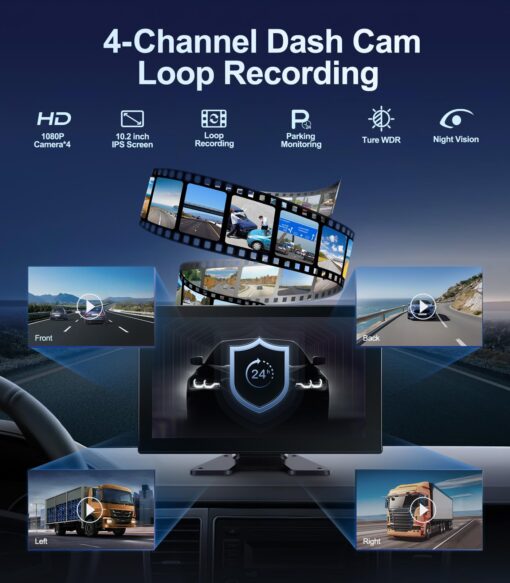 4 Channel 1080p Backup Camera Dash Cam for RV/Truck/Trailer/Van/SUV/Cars,10.2 Inch Touch Screen Quad Split Parking Monitor with DVR Recording/Playback/Bluetooth/FM Radio/Music/Video Player - Image 5