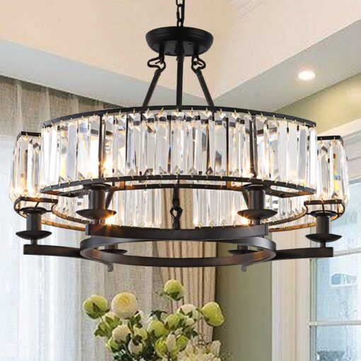 yomay Vintage Crystal Chandelier Black 6 Lights Hanging Ceiling Light Fixture Iron Frame Pendant Lighting for Farmhouse Decoration Dining Table Living Room - Image 6
