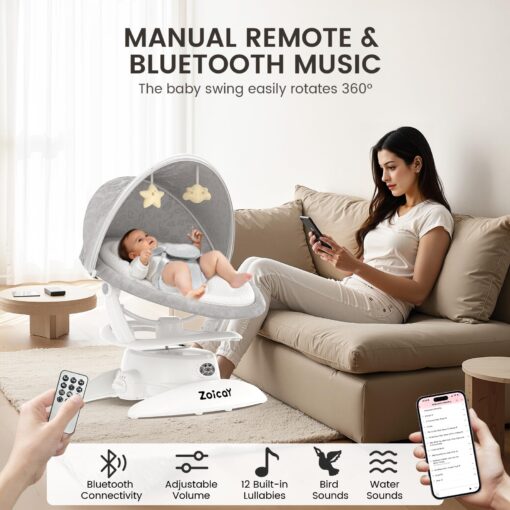 Zoicay 3-in-1 Baby Swing for Infants to Toddler with Motion Detection, Portable Baby Swing & Removable Swing Seat, BT Enabled & 360°Rotating Seat and Manual Remote with 3 Swing Modes & 5-Speeds(White) - Image 4