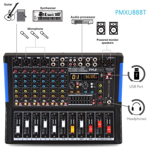 Pyle 8-Channel Bluetooth Studio Audio Mixer- DJ Sound Controller Interface w/ USB Drive for PC Recording Input, XLR Microphone Jack, 48V Power, RCA Input/Output for Professional & Beginners- PMXU88BT - Image 7