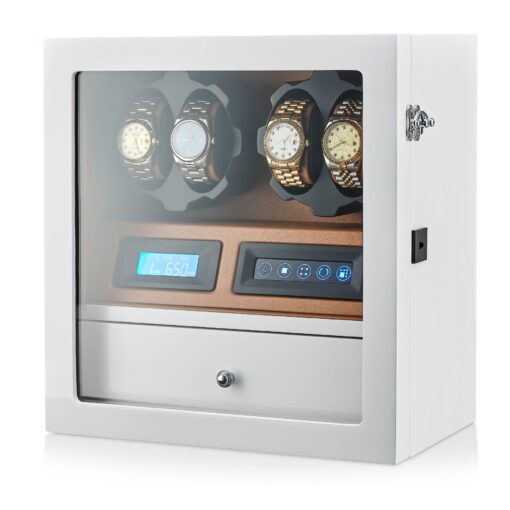 4 Watch Winder with 5 Watch Storage Space, LCD Display, Touch Control and Interior Light (White + Brown) - Image 2