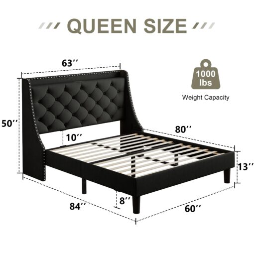 Feonase Queen Bed Frame with Luxury Wingback and Fast Charging Station,Upholstered Button Tufted Storage Headboard Platform Bed,Sturdy Wooden Slats Support,Noise-Free,Easy Assembly,Matte Black - Image 7