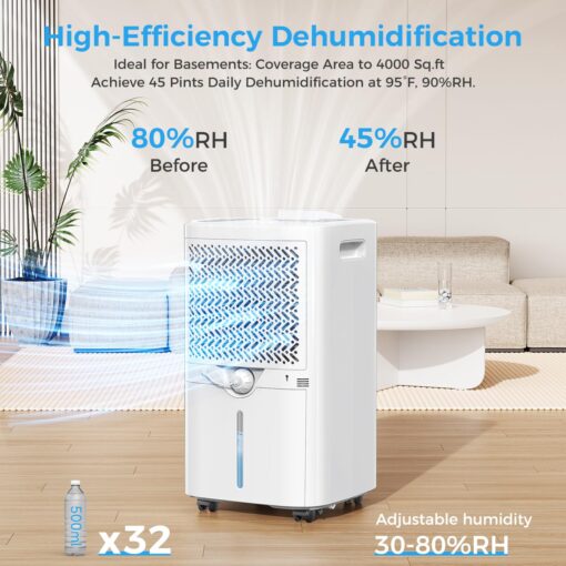 4000 sq.ft Dehumidifier for Basement, Trazico 45 Pint Dehumidifiers for Home with Drain Hose, Smart Humidity Control, 24H Timer, Auto Defrost, Ideal for Large Room, Bathroom, Bedroom, Garage, White - Image 8