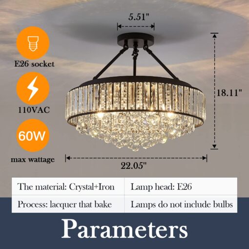 YYJLX 6-Light Modern Large Crystal Chandelier Black Metal E26 Semi Flush Mount Round Light Fixture Ceiling Lamp Farmhouse for Dining Living Room Laundry Foyer Kitchen Balcony Bedroom - Image 9
