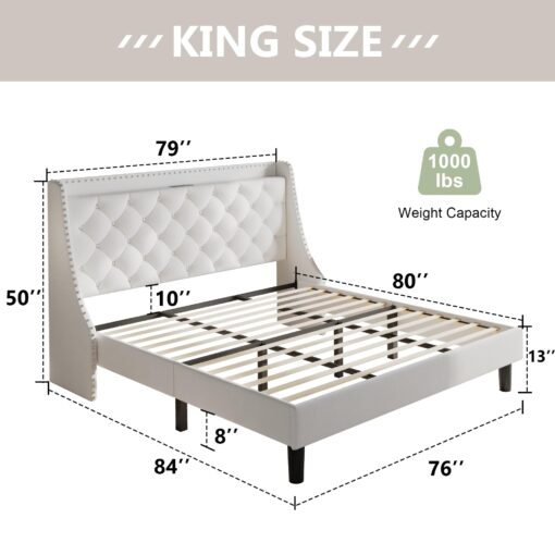 Feonase King Size Bed Frame with Velvet Luxury Wingback Upholstered Button Tufted Storage Headboard, King Platform Bed with Charging Station, Sturdy Wooden Slats Support, Easy Assembly, White - Image 7
