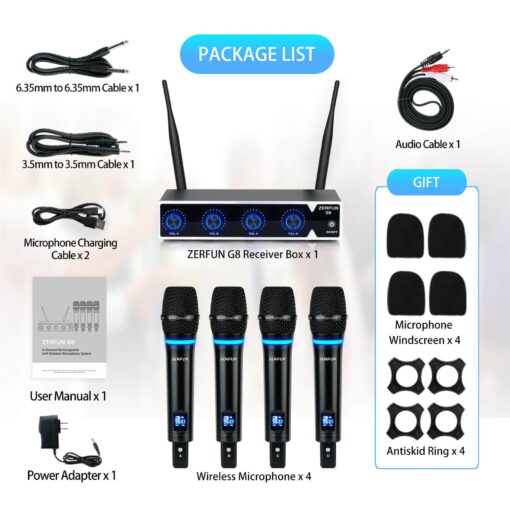 ZERFUN 4 Channel Rechargeable Wireless Microphone System, Pro UHF Metal Handheld Wireless Microphones Cordless Mics for Karaoke Singing Church with VOL Control, 4x50 Adjustable Frequency(G8) - Image 5