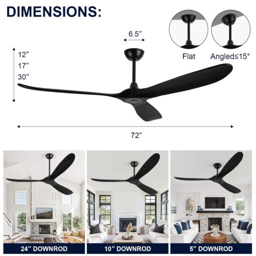 ZIMOFLL 72 inch Ceiling Fans Without Lights, Large Ceiling Fan no Light, Wet Rated Black Outdoor Ceiling Fans for Patios Outside Porch, High CFM speed DC Motor, 3 Blade Wood Ceiling Fan with Remote - Image 6