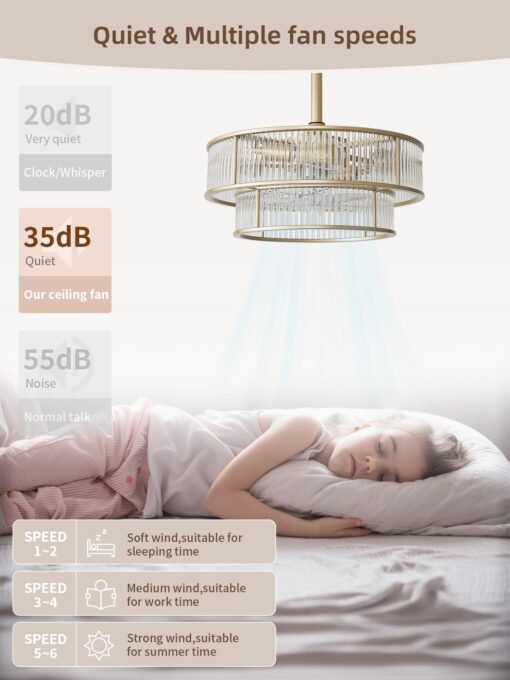 YADZSLY Gold Fandelier Ceiling Fans with Lights, 20" Gold Crystal Chandelier Ceiling Fan with Light Remote Control, Caged Mid Century with 6 Speeds for Bedroom, Living Room, Nursery - Image 8