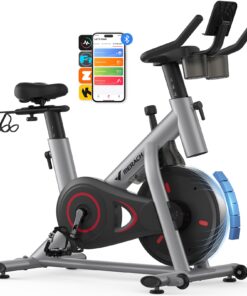MERACH Exercise Bike, Brake Pad/Magnetic Stationary Bike with Exclusive App, Low Noise Indoor Cycling Bike with 270LBS Weight Capacity, Dumbbell Rack and Fitness Courses for Weight Loss