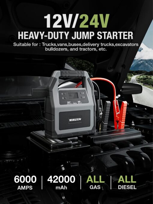 YESPER 12V/24V Car Jump Starter, 6000A Peak 4.1 lbs Portable Jump Starter Battery Pack 42000mAh Battery Booster Pack (Up to All Gas/Diesel Engine) Jumper Box with LED Screen and Wall Charger - Image 9