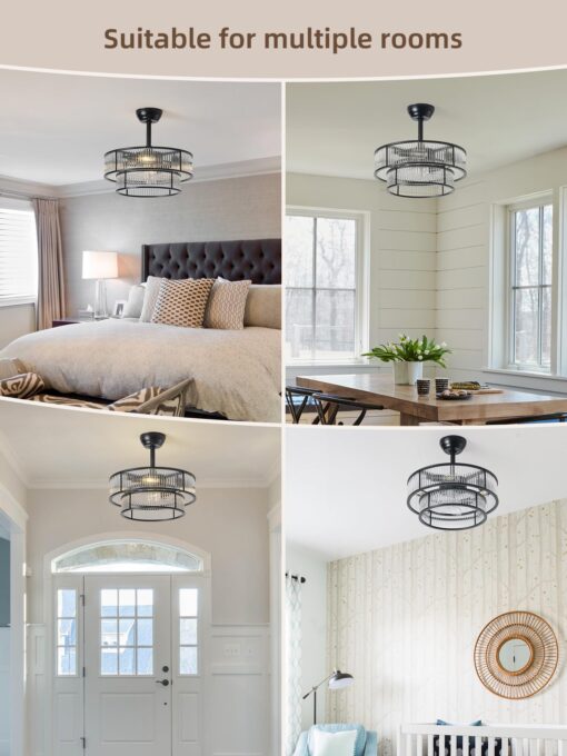YADZSLY Black Fandelier Ceiling Fans with Lights, 20" Black Crystal Chandelier Ceiling Fan with Light Remote Control, Caged Mid Century with 6 Speeds for Bedroom, Living Room, Nursery - Image 3