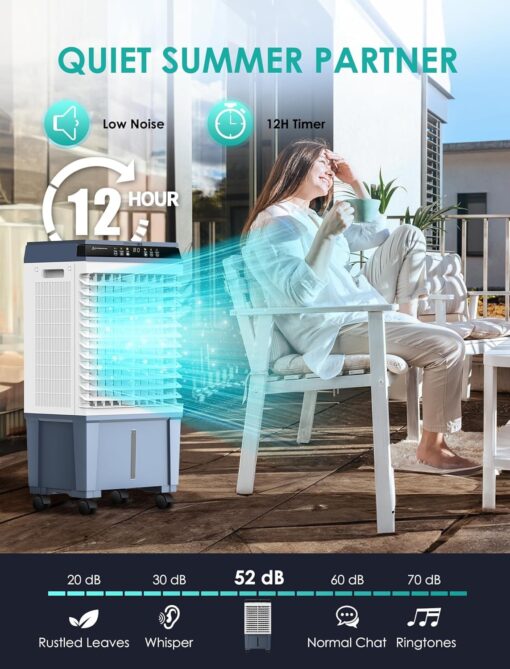 Air Choice Swamp Cooler, 1800 CFM Portable Evaporative Air Cooler with 6 Ice Box & 5.3 Gal Water Tank, 110° Swing, 3 Speeds, Upgraded Remote, 12H Timer, 3-in-1 Air Cooling Fan for Outdoor Indoor, Blue - Image 7