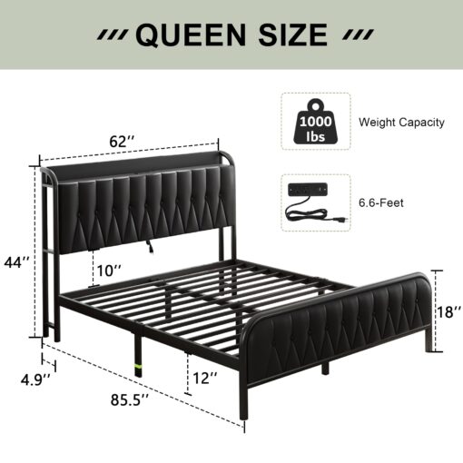 Feonase Leather Queen Bed Frame with Fast Charging Station,Queen Size Metal Platform Beds with Upholstered Headboard & Footboard,12" Underbed Storage Space,Easy Assembly,Noise-Free,Black - Image 7