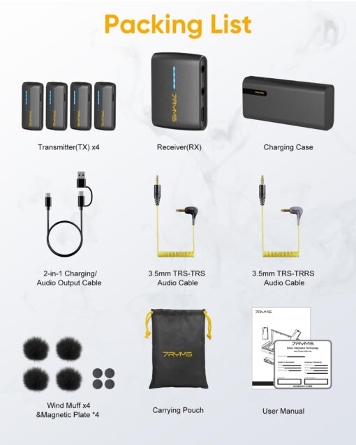 7RYMS iRay DW40 Four-channel Wireless Lavalier Microphone, Charging Case, Noise Cancellation, 656ft Range, 12.5H Working, Lav Mic for Camera, iPhone, Android Phone, Vlogging, Streaming, Interview, etc - Image 2