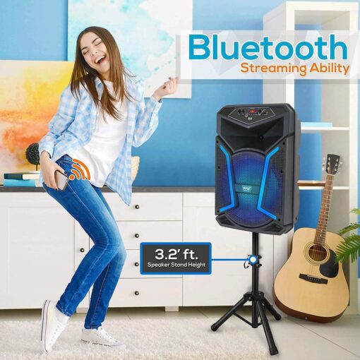 PYLE Portable Bluetooth PA Speaker System - 1200W Outdoor Bluetooth Speaker Portable PA System w/ Microphone In, Party Lights, MP3/USB SD Card Reader FM Radio, Rolling Wheels - Mic, Remote PPHP152SM - Image 4
